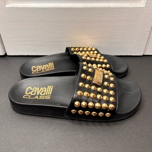 CAVALLI CLASS Black Studded Leather Slides Size 7 - Picture 2 of 7